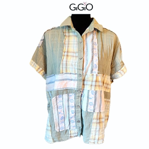 GIGIO Mixed Patchwork Button Down Short Sleeve Shirt Top Size Small Sage Green - Picture 4 of 11